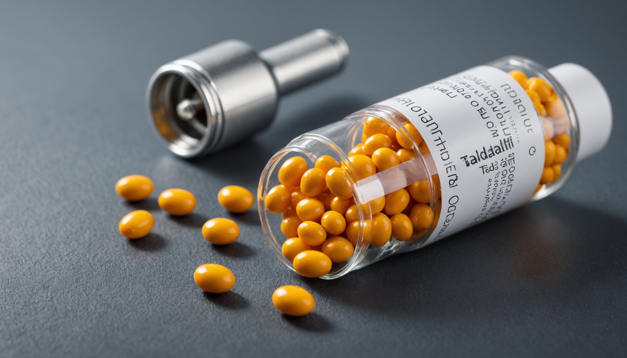 Educational illustration of Cialis (tadalafil) tablets and vascular mechanism involved in erectile function